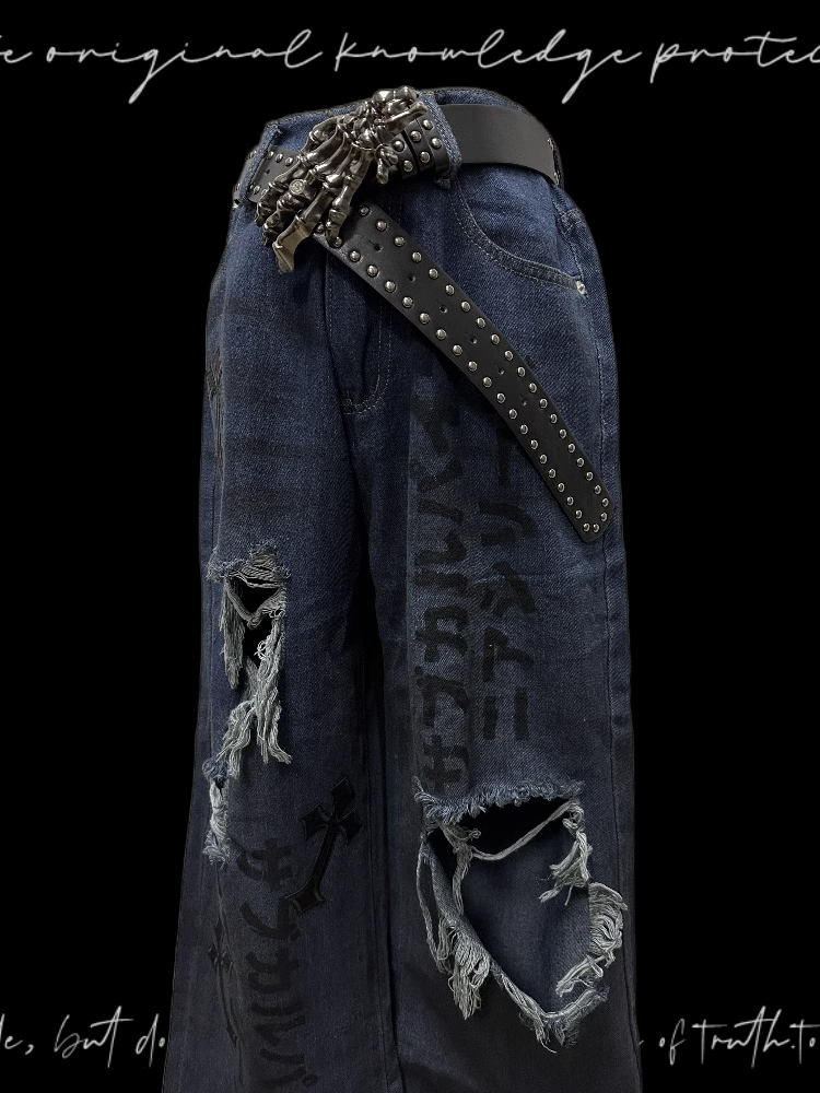 Raw Hem Punk Jeans Blue Distressed Holes