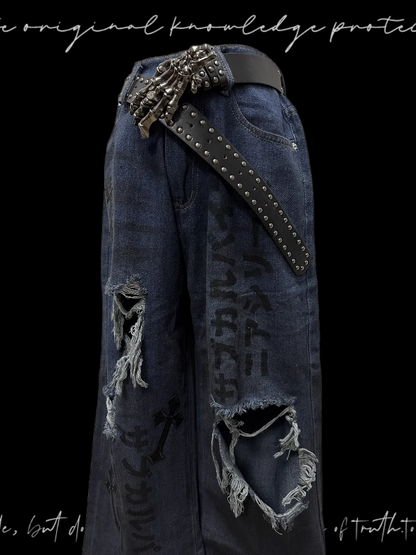 Raw Hem Punk Jeans Blue Distressed Holes