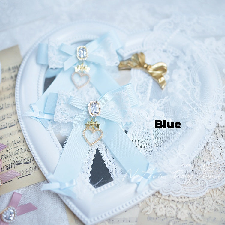 Perlenherz-Charme Jirai Kei Spitzenschleife Haarspangen Staubblau/Staubrosa/Blau/Schwarz