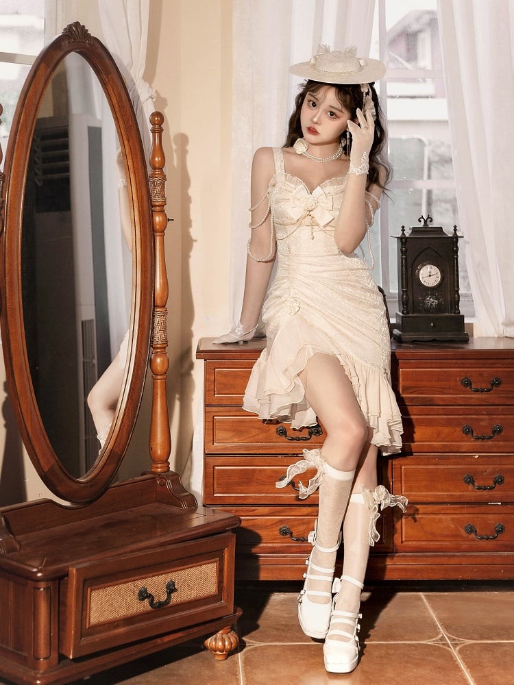 Lolita Mermaid Rose Hemline Ruffle Jacquard Ivory Decoration Detail Bead JSK