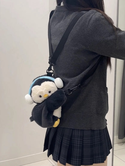 Cute Penguin Black Plush Backpack/Crossbody