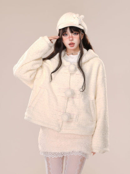 Apricot Bunny Ear Design Thick Hooded Coat