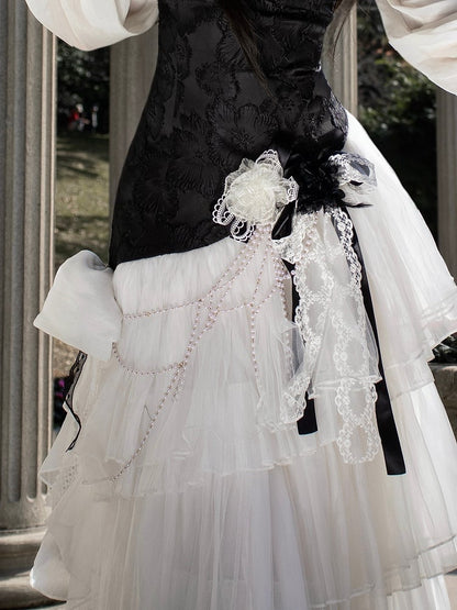 White and Chain Accessory Black Bead Bowknots Flowers