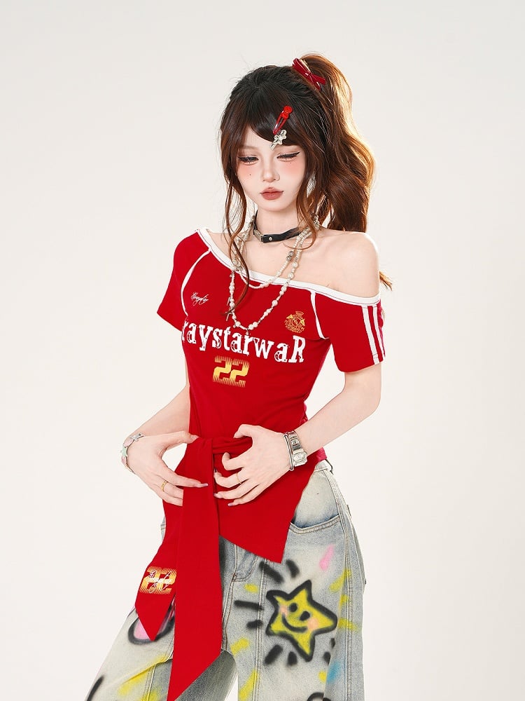 Rot/Blaue Träger an der Taille Asymmetrischer Ausschnitt Blokette Core T-Shirt Selbstbinden
