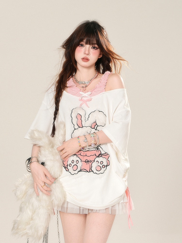 T-Shirt Pattern Adorable Cutout Shoulder Drawstring Waist Bunny White Loose