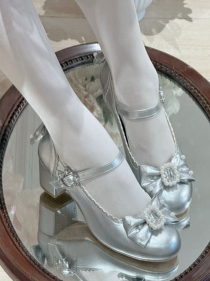 Schuhe Mary Runde Zehen Details Lolita Janes Perlen Silber Und Bowknot Verziert Strass
