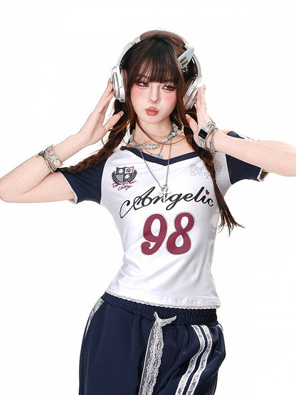 Navy Blue/White Asymmetrical Neckline Cutout Shoulder Number Glamorous T-Shirt