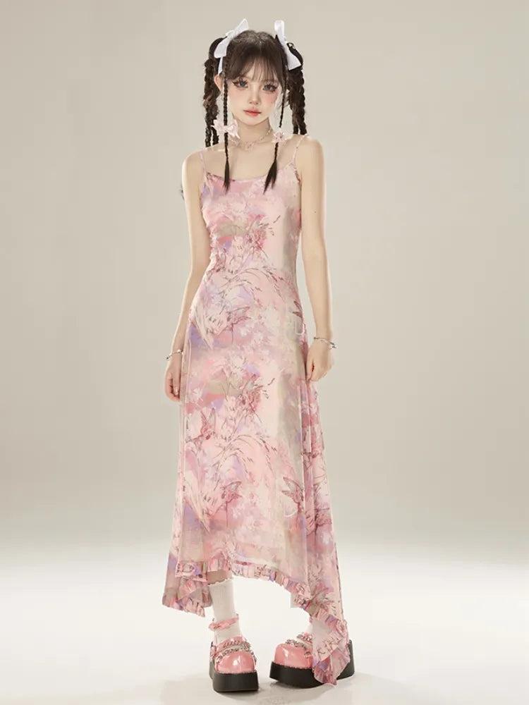 Pink Holiday Hem Asymmetrical Dress Butterfly Ruffle Midi Print