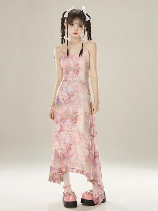 Pink Holiday Hem Asymmetrical Dress Butterfly Ruffle Midi Print