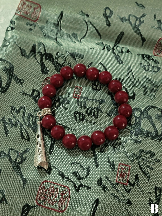 Chinoiserie Copper Coin Charms Red Beaded Bracelet