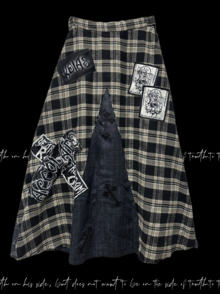 Wasteland Cross Appliques Plaid Patchwork Design Skirt Punk