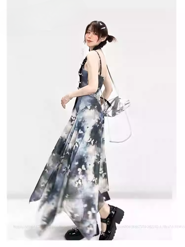 Robe moulante vintage Y2K à imprimé papillon bleu et peinture à l'huile
