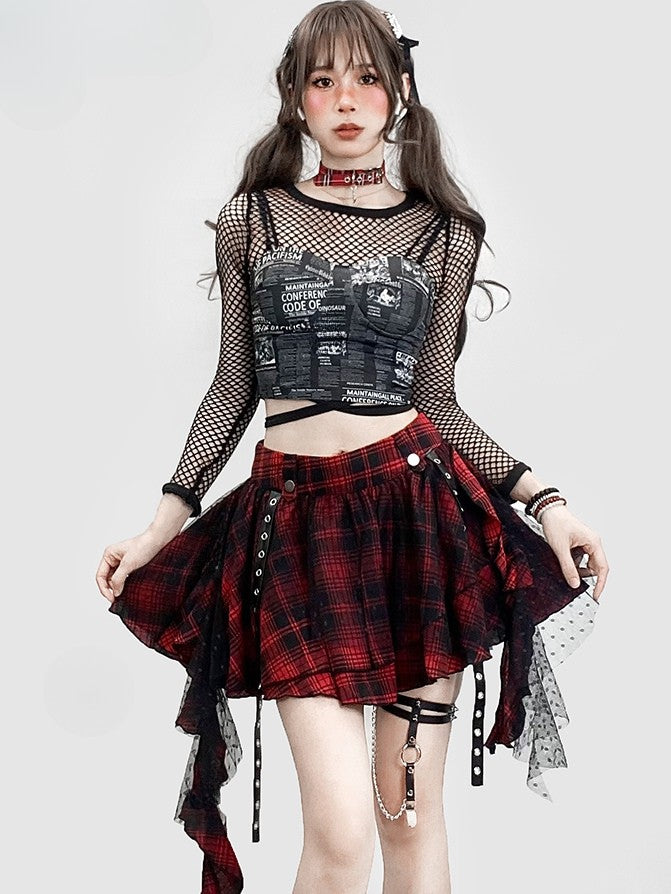 Skirt Glamorous Y2K Pattern Ruffle Cascading BlackRed Trim Plaid