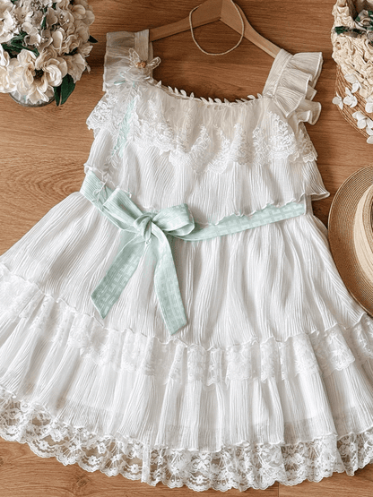 and Brooch with Waist Belt Tiered Lace Trim Flutter Sleeves Dress Sweet White