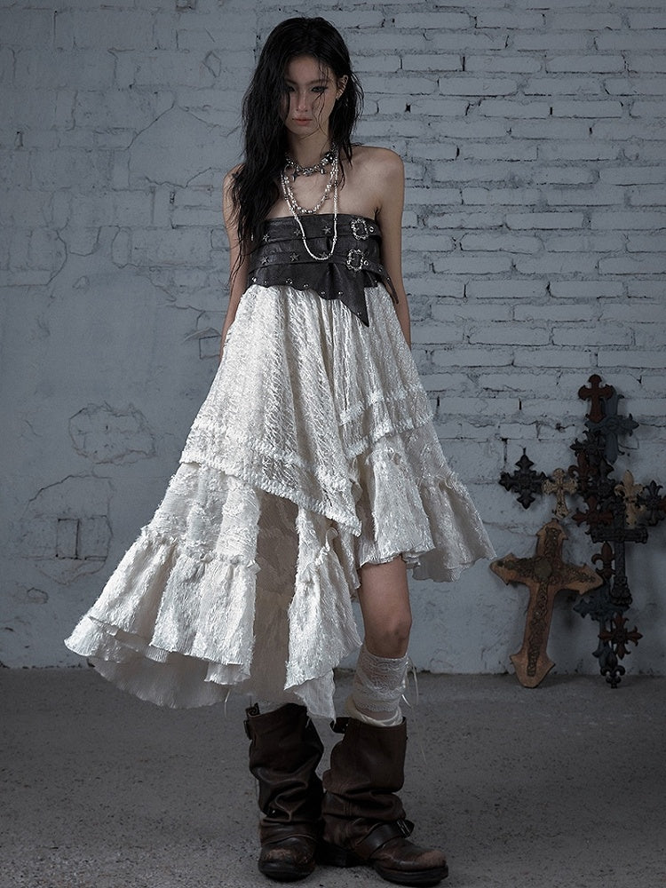 Star Wasteland White Punk Waistline Skirt Flounce PU Asymmetrical Studs Hem