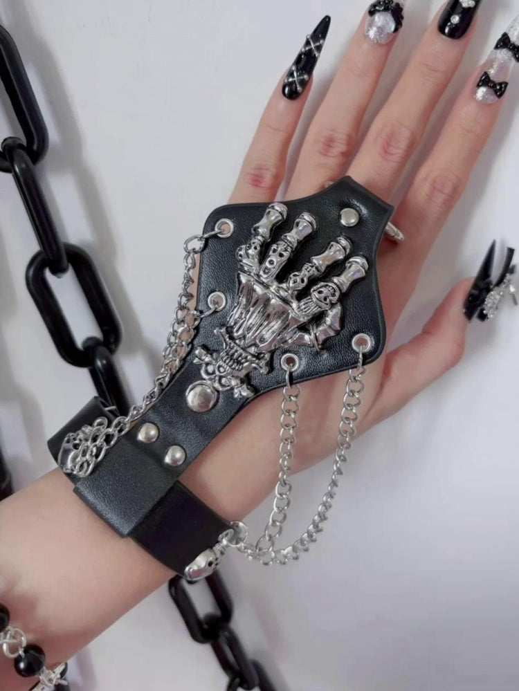 Gothic Skull Black Punk Rock Ring Bracelet with Chains