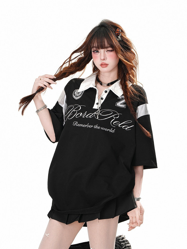 Black/White Polo Collar Preppy Style Sports T-Shirt
