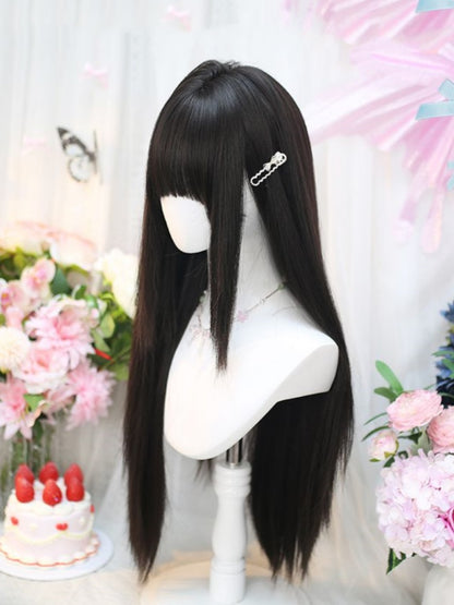 Black Tea Under Bust Length Straight Wig with Full Bangs