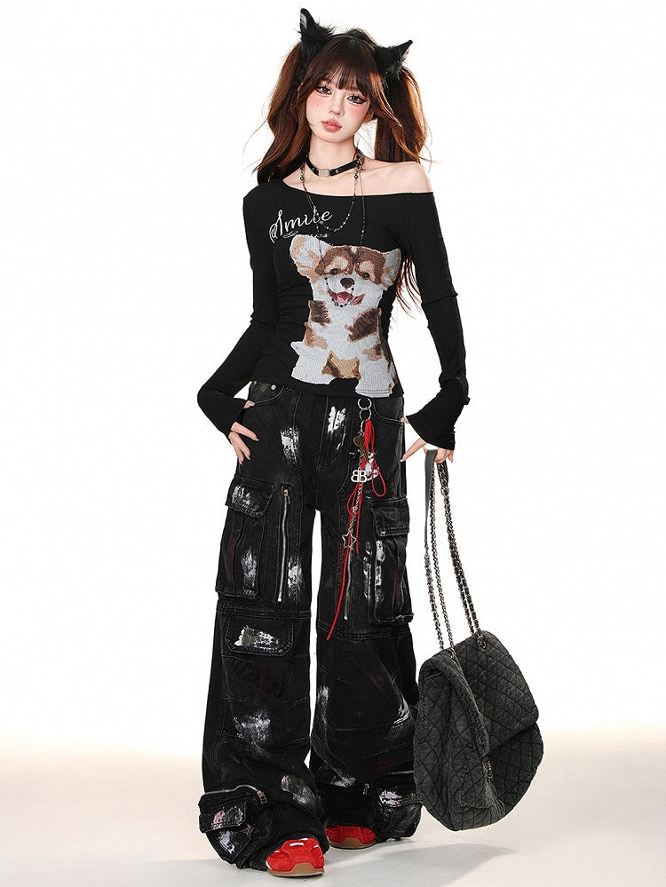Cut Zipper Black with Wide-leg Cargo Jeans Spray Paint Print Design