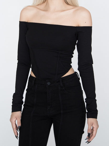 Black Off-the-shoulder Neckline Curved Hem Top