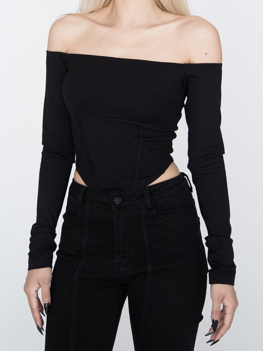 Black Off-the-shoulder Neckline Curved Hem Top