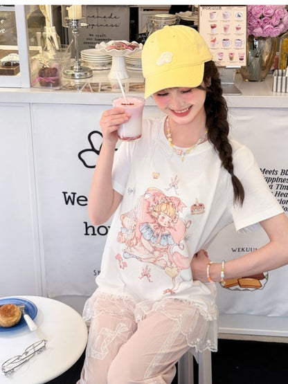 Rosa/weißes T-Shirt mit Spitzenbesatz und süßem Rundhalsausschnitt