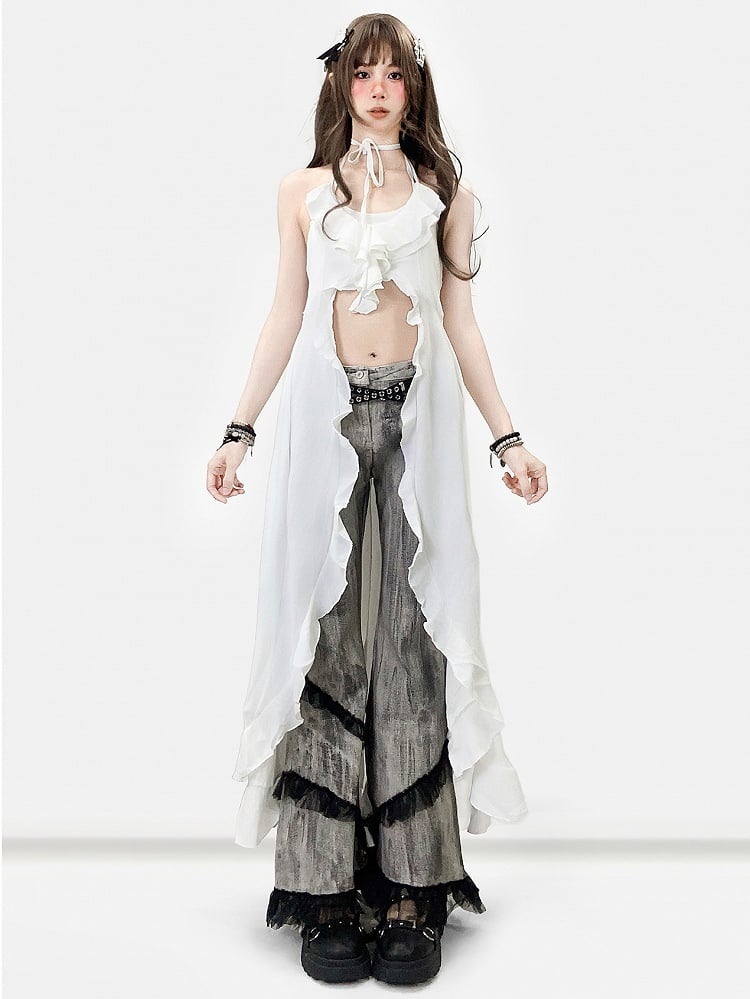 White Halter Design Neck Holiday High-low Top