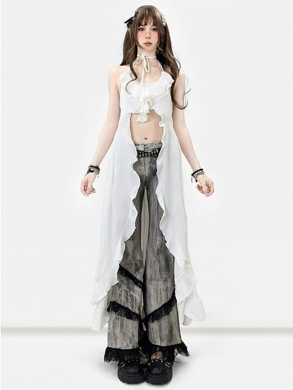 White Halter Design Neck Holiday High-low Top