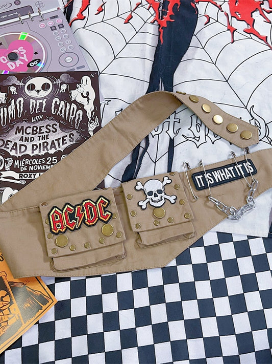 Khaki Skeleton Applique Chain Punk Waist Bag