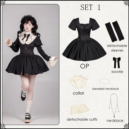 Robe noire courte à taille baleinée et décolleté carré, ensemble complet élégant Lolita