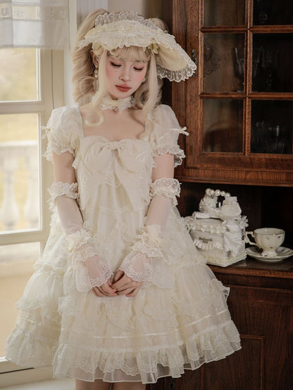 White Embroidered Bow Creamy Lolita Dress Sleeves Big Short Puff Neckline