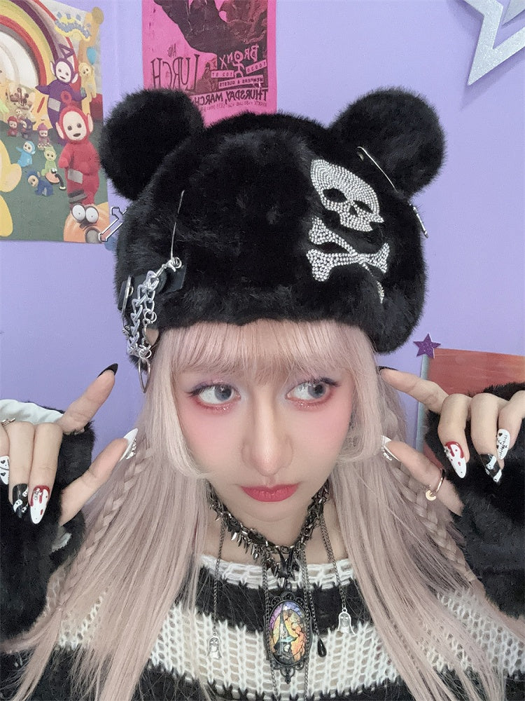 Black Skeleton Rhinestone Bear Ears Design Hat