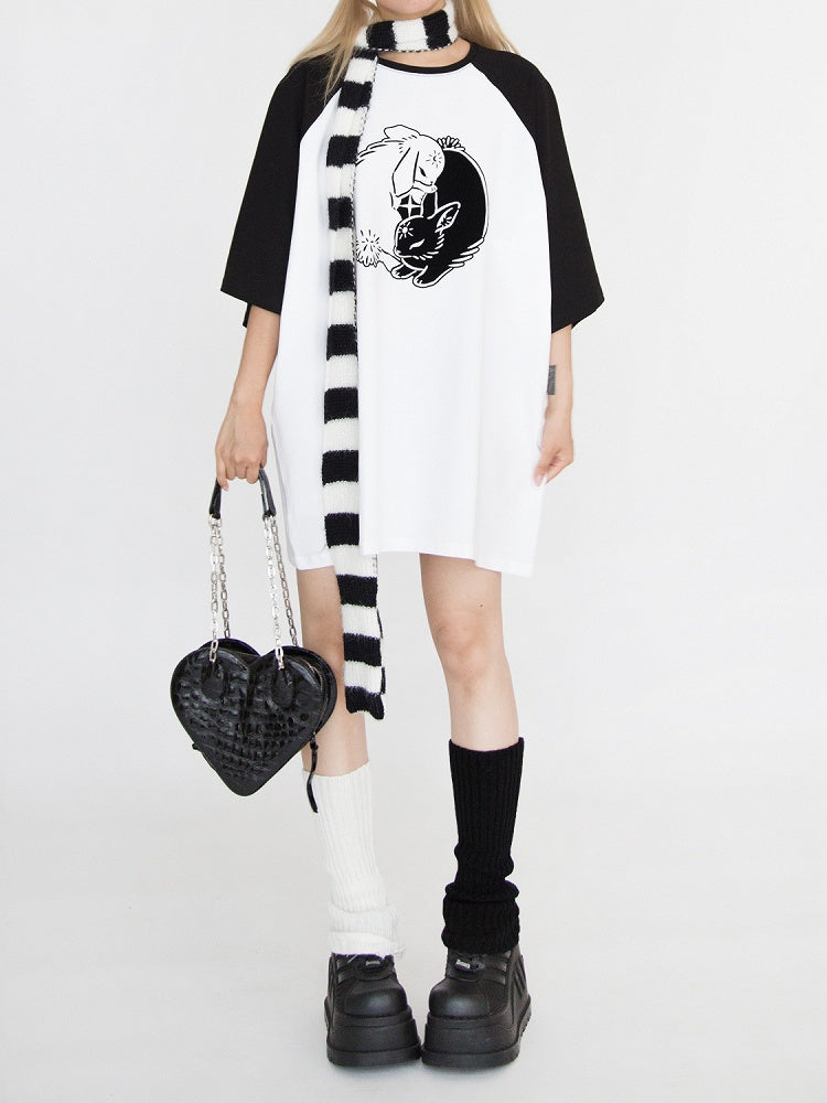 Black & White Bunny Print Oversized T-Shirt