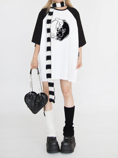 Black & White Bunny Print Oversized T-Shirt