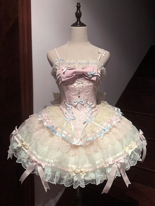 Dress Accents Corset Boned Straps Rainbow Lolita Skirt Bow Thin Jumper Shoulder Pastel