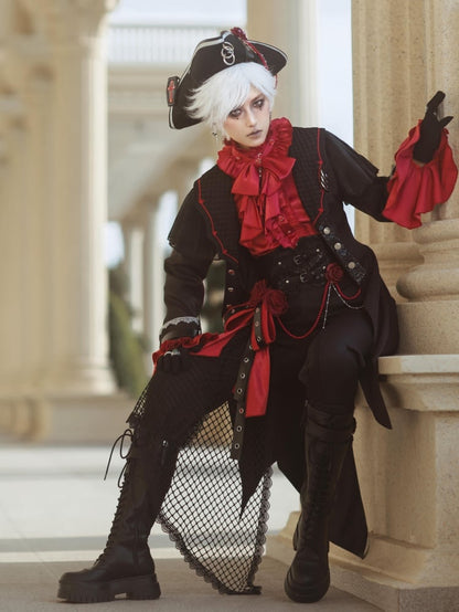 Red Ruffled High Neck Ouji Lolita Long Sleeves Shirt with Jabot Tie