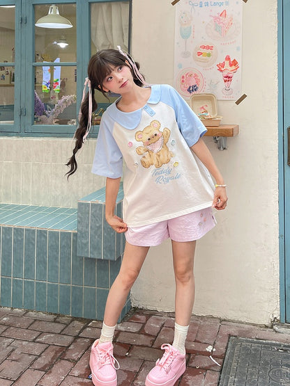 Blue and White Asymmetrical Peter Pan Collar Bear Print T-Shirt Long Version