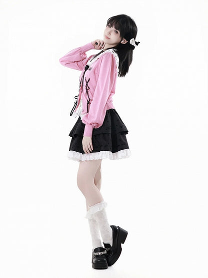 Pink Lace-up Details Front Heart Button Placket Summer Knit Cardigan