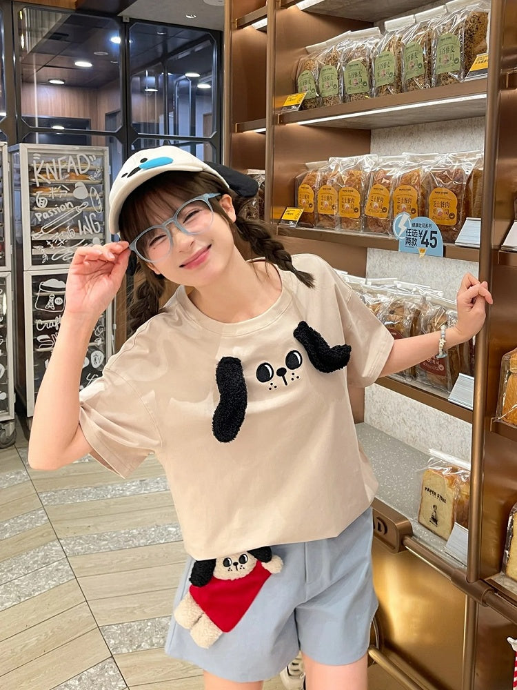 T-Shirt Plush Puppy Ears Loose Beige Round Neck