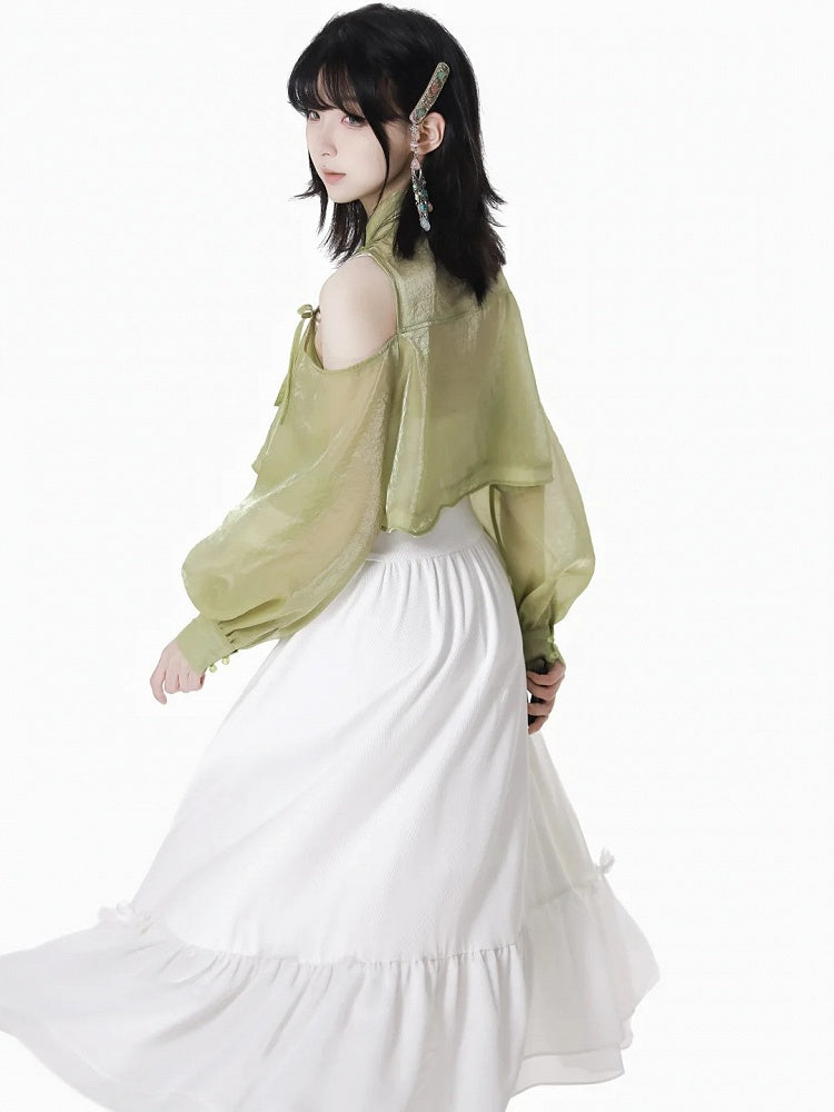 Cheongsam Style Green Semi-sheer Cutout Shoulder Ruched Design Neckline Top