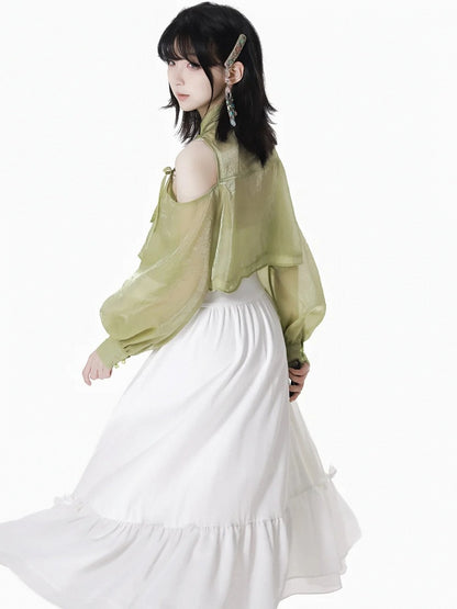 Cheongsam Style Green Semi-sheer Cutout Shoulder Ruched Design Neckline Top