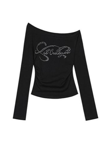 Sleeve Knit Top Rhinestone One-Shoulder Long Black Y2K