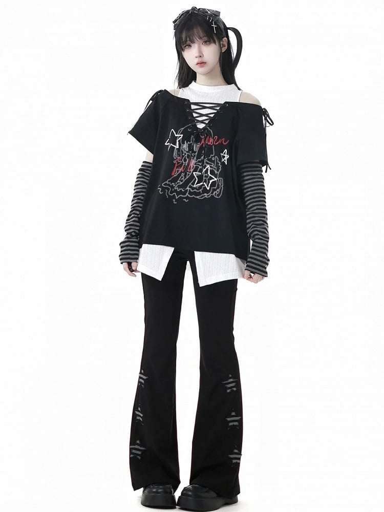 Graphic T-Shirt Neckline Faux Two-pieces Green/Black Cutout Shoulder Lace-up