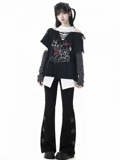 Graphic T-Shirt Neckline Faux Two-pieces Green/Black Cutout Shoulder Lace-up