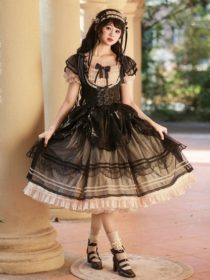 ブラックのボーン入りバスクウエスト、エレガントなアンダーバスト、クラシックなロリータジャンパースカート