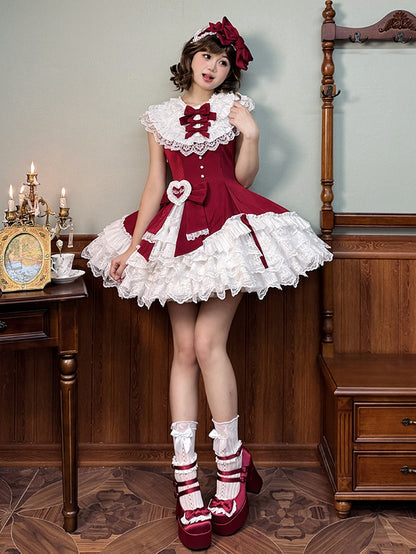 Robe Lolita sans manches en tissu rayé rouge, coupe ajustée, col à volants superposés