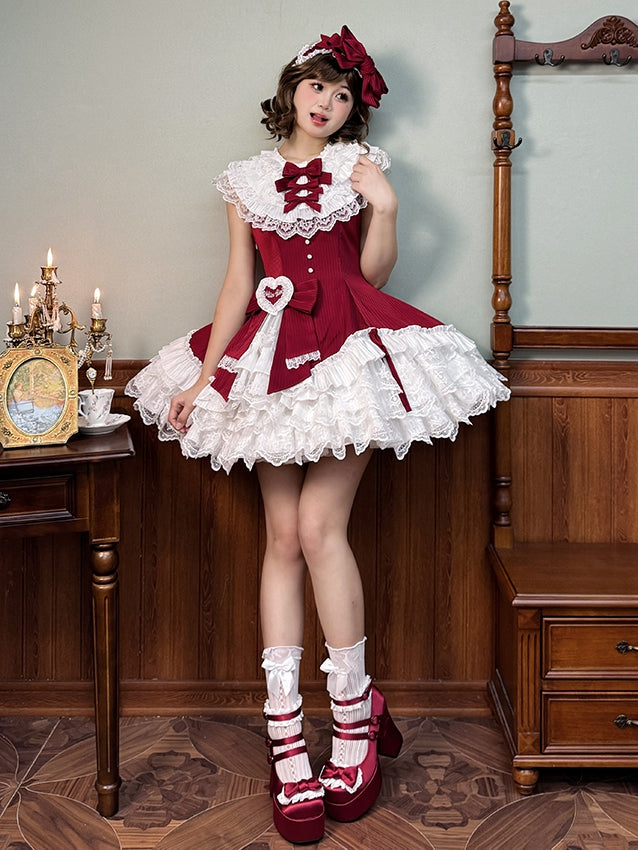Slim Waist Dress Neck Sleeveless Lolita Ruffle Layered Sweet Fit Striped Fabric Red