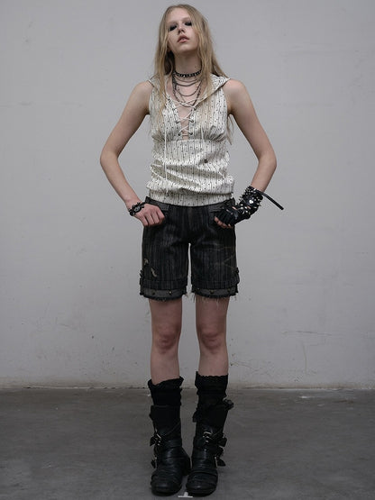 Print Top White Star Pattern Lace-up Sleeveless Hoodie Striped Detail