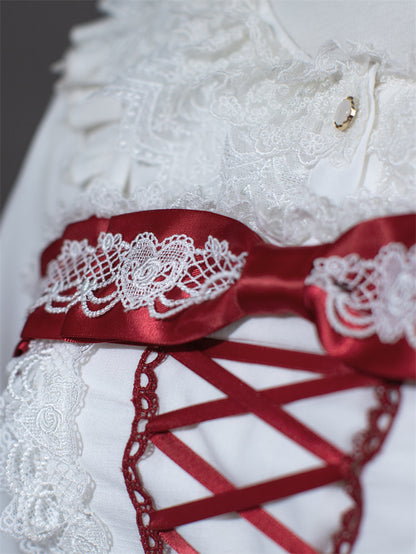 White and Wine Red Lace-up Bow Accents Lace Trim Sweet Princess Dress Lolita Jumper Skirt