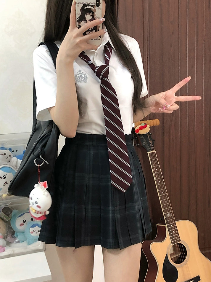 Badge Embroidered Preppy Uniform Sleeves Style JK White Short Shirt